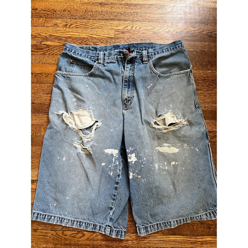 Vintage Rocawear Y2K Thrashed Distressed Denim Carpenter Shorts Mens 36 Blue